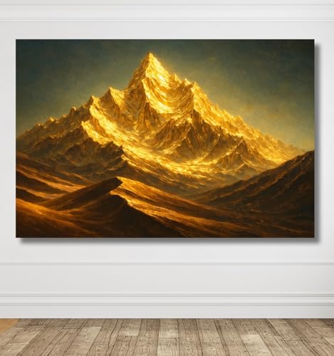 Image of Kunj Cart Gold Mountain Painting Vastu for Home & Office Wall Decor | Mountain Painting Vastu with Frame | Shining Sunset Abstract Art | Gold Mountains Canvas Painting (26x18 Inch, Framed)