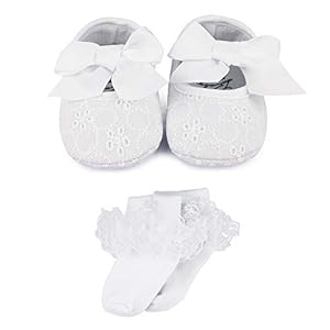 LACOFIA Baby Mädchen Schuhe Weiche Sohle Bowknot rutschfest Weiß Taufe Schuhe mit Bestickten Kreuz Taufe Socken