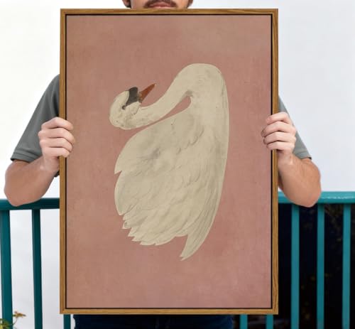Image of KISSFOX Framed Wall Art Vintage Wall Decor Pink Swan Pictures Retro Animal Canvas Art Rustic Aesthetic Paintings Farmhouse Artwork For Bedroom Living Room Kitchen