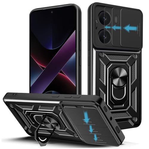 Loyhee Funda para Xiaomi Poco X7 Pro 5G (6.67'), Protección de la Cámara Carcasa con Cubierta de Cámara Deslizante y Soporte de Anill PC Dura y TPU Silicone Anti-Choque Case – Negro