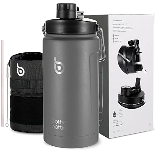 BOTTLE BOTTLE Insulated Water Bottle 64 oz with Straw and Dual-use Lid Half Gallon Water Jug Vacuum Stainless Steel for Workout and Sports Insulated Beer Growler with Handle Dark Gray