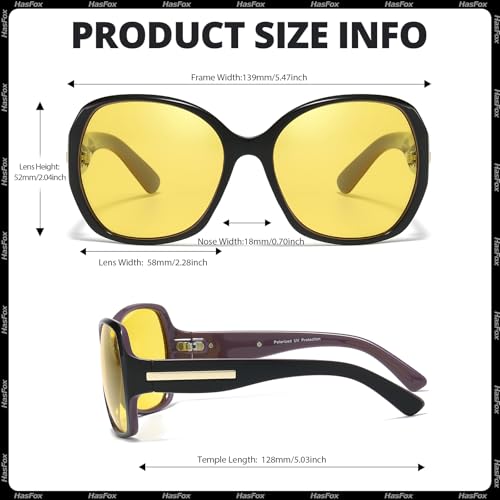 HASFOX Oversized Night Vision Driving Glasses for Women Anti Glare Polarized Yellow Night Time Eyeglasses UV Protection H62033