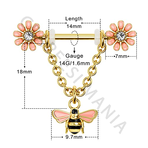 CM Crareesi Mania Chain Nipple Shield Rings - Dainty Bee Nipple Piercing Barbells 14G Dangle Rings4