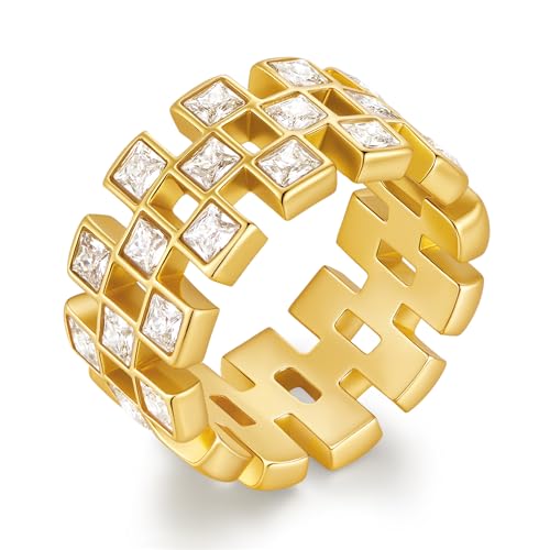 Chunky Gold Plated Ring for Women Unisex Engagement Ring Faux Diamond Band Ring Size 6 7 8 Anniversary Promise Ring for Her with Gift Bag Elegant Bridal Jewelry