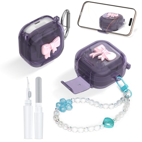 [���S�ȃ��b�N] 3D�{�E�t���N���ATPU�P�[�X Samsung Galaxy Buds 4 Pro/Buds 4 (2026)�Ή� �ϏՌ��v���e�N�^�[�P�[�X�J�o�[ �d�b�X�^���h�A�J���r�i�A�L�[�`�F�[���A�N���[�j���O�L�b�g�t�� (�N���A�p�[�v��)