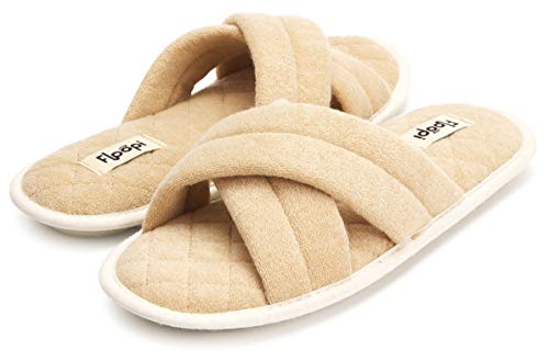 Floopi Womens Soft Criss Cross Open Toe Slippers with Quilted Terry Sitch Insole Lining, Memory Foam, Anti-Skid Rubber Outsole for Summer