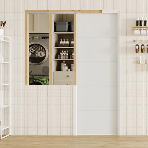 Image of 32 inch x 80 inch Pocket Door with Frame & Track Kit, 5-Panel Textured Sliding Interior Pocket Door, Soft Close Hardware, Lightweight Waterproof PVC Pocket Doors