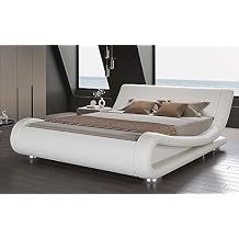 SHA CERLIN Full Size Upholstered Bed Frame, Deluxe Low Profile Sleigh Bed with Faux Leather Ergonomics Headboard, No Box Spring Needed & Easy Assembly, White