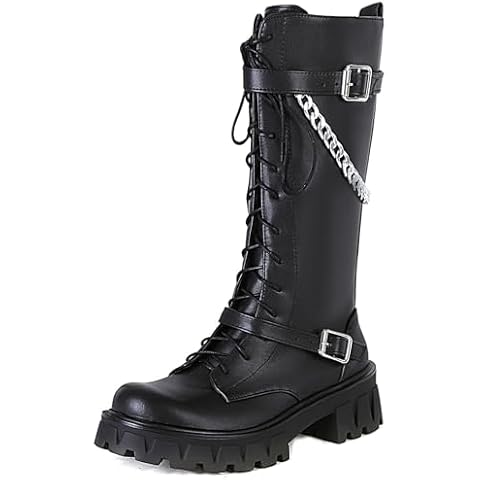Pixoecuty Women Knee High Goth Platform Boots Military Combat Winter Boots Lace Up gothic Boots Chain Buckle Motorcycle Lug Sole Side Zipper PuBlack US 7 Cover