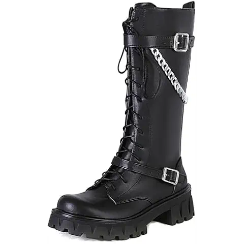 Pixoecuty Women Knee High Goth Platform Boots Military Combat Winter Boots Lace Up gothic Boots Chain Buckle Motorcycle Lug Sole Side Zipper PuBlack US 7 Cover
