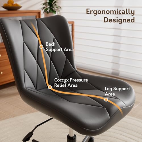 Image of Armless Desk Chair, Morden Home Office Chair no Arms, Adjustable Height & Rocking Computer Chair, PU Leather Vanity Chair, Ergonomic Seat Soft Padded Desk Chairs for Home Small Space, Black
