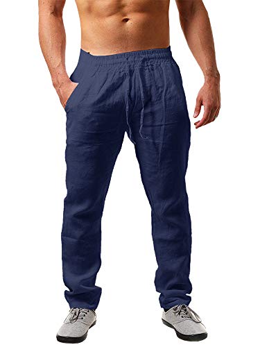 Image of PASLTER Mens Cotton Linen Pants Casual Summer Beach Pants Dress Trousers
