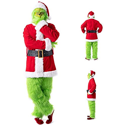 Navidad Adulto Grinch Traje Niños Santa Claus Traje Hombres Y Mujeres 7 PCS Conjunto con Santa Sombrero, Máscara De Grinch, Abrigo, Cinturón De Cintura, Guantes, Pantalones, Cubiertas,3XL Cover