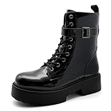 SLIWIUY Women's Chunky Heel Black Patent Leather Combat Boots, Ankle Booties with Side Zipper & Lace-Up Detail – Stylish, Edgy & Comfortable (Black, US Footwear Size System, Adult, Women, Numeric, Medium, 7)