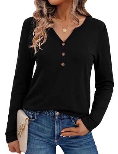 Litherday Langarmshirt Damen Baumwolle V Ausschnitt Langarm Oberteile Basic Locker Shirts Elegant Tunika Bluse