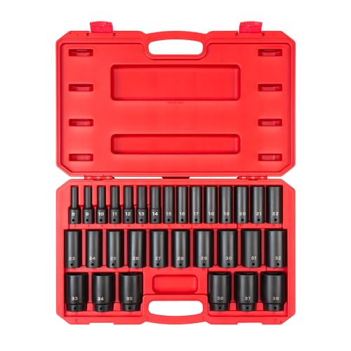 Image of TEKTON 1 /2 Inch Drive Impact Socket Set, 31-Piece | SID92335 | (8 - 38 mm), Deep, 6-Point, Case