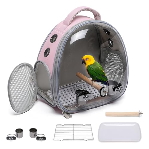 Bird Carrier Cage, Pet Travel Carrier Backpack with Standing Perch,Parrot Cockatiel Carrier Bag, Food Bowl for Lovebirds Conures Parakeet Budgie Canary & Small Animal (Pink+Accessories)