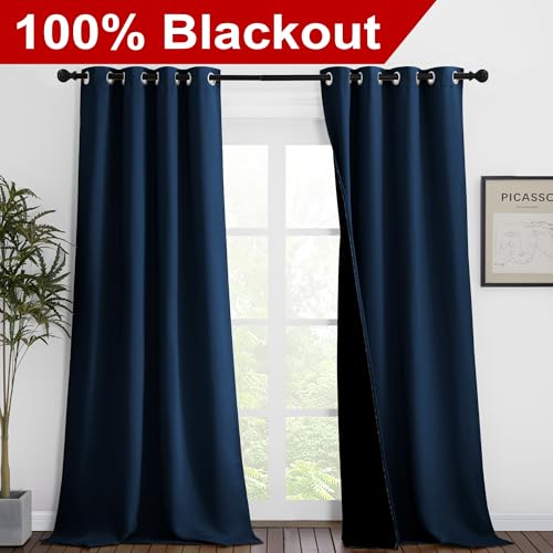 Image of NICETOWN 100% Blackout Blinds, Set of 2, 46 inches x 102 inches, Laundry Room Decor Window Treatment Curtains for Large Patio Sliding Door, Thermal Insulated Moroccan Blue Curtains for Bedroom