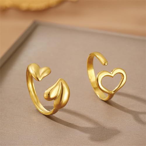 Gold Stackable Rings for Women Non Tarnish,14K Gold Plated 2Pcs Cute Heart Finger Rings Chunky Love Heart Promise Ring Pack Statement Wedding Prom Jewelry3