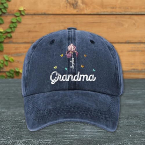 Grandma Garden - Personalized Custom Vintage Washed Denim Cap, Customized Hat with Kid Name, Custom Hat for Women, Summer Hats, Birthday Gift for Mom, Grandmother Present for Mother's Day Christmas2