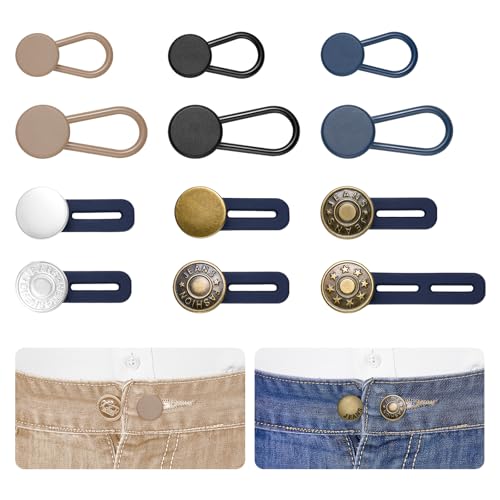 EZJIAYOU 12 Pcs Button Extenders for Jeans, Pant Waist Extenders for Women & Men, No Sew Pants Waistband Expanders, Flexible Adjustable Elastic Waist Extension 1-1.8 Inches, with a Tape Measure