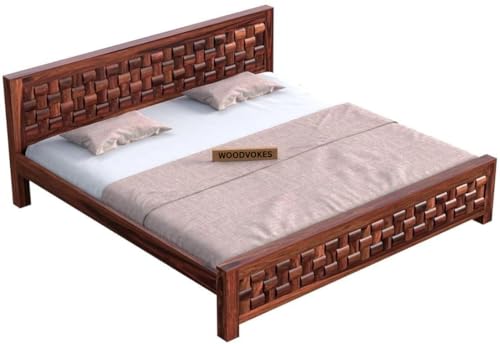Image of Sheesham Wood Bed Without Storage Solid Wooden Cot Bed Elegant and Functional Bedroom Living Room Home (Dark Mahogany Finish, King)