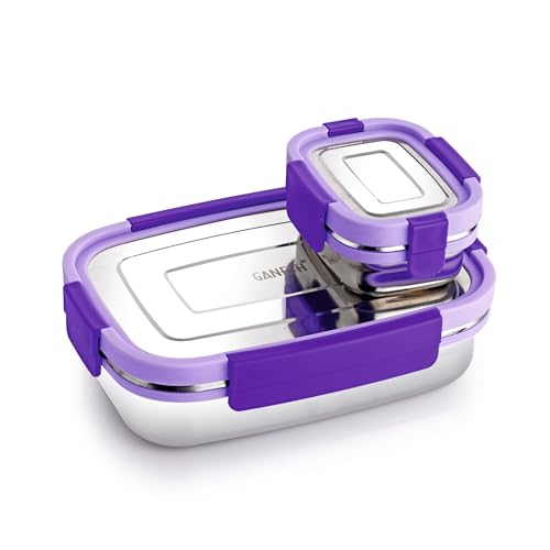 Image of Ganesh Shine Stainless Steel Airtight Leak-Proof Lunch Box for Office, School, Picnic - 900 ml - Purple