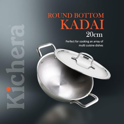 Image of Kichera Triply Stainless Steel Kadai with lid | 20cm /7.8 inch, 1.5Ltr, 1.3kg| Smooth Finished Flat Bottom Induction Deep Fry Kadhai |Ideal for All cooktops Cookware | 3 Layer Kadai for Cooking