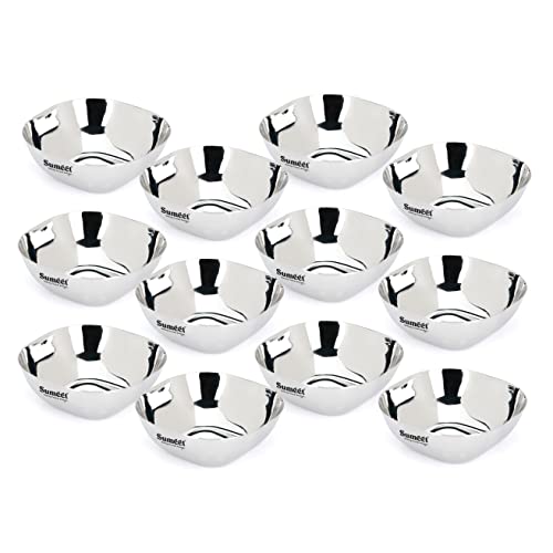 Image of Sumeet Heavy Gauge Stainless Steel Apple Square Bowl /Wati /Katori with Mirror Finish - 11cm Dia, Set of 12pc, 350ML Each - Silver