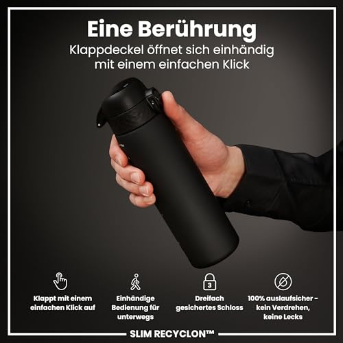ion8 Trinkflasche, 500 ml, Auslaufsicher, Einhandöffnung, Sichere Verriegelung, Spülmaschinenfest, BPA-frei, Tragegriff, Klappdeckel, Leicht zu Reinigen, Klimaneutral, Schwarz
