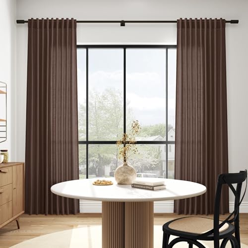 Image of Cappuccino Curtains 63 Inches Long 2 Panel Sets for Living Room Bedroom, Light Filtering Linen Drapes for Kitchen Windows Rod Pocket or Back Tab Curtain,Semi Sheer 52x63