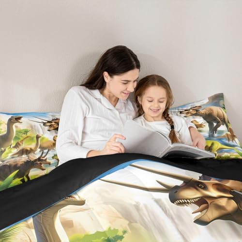 Image of Feelyou Dinosaur Dino Jungle Comforter Set Full Size Boys Girls Bedding | Children Wild Animal 3d Print All Season Breathable Soft Duvet Set Quilt Set Room Decor Microfiber 3Pcs Warm Cozy Lightweight