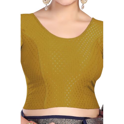 Image of FINESTFIT Round Neck Stretchable Elbow Sleeve Readymade Saree Blouse for Women, 100% Cotton Dobby Fabric