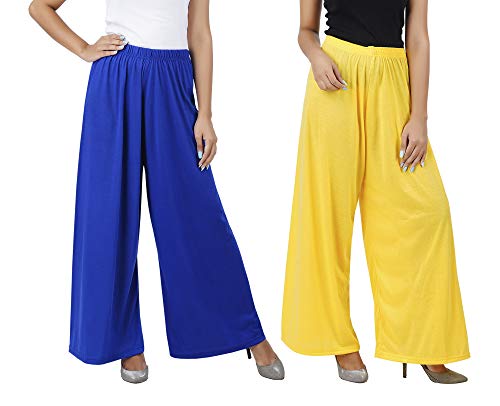 Image of Buy That Trendz M to 4XL Cotton Viscose Loose Fit Flared Wide Leg Palazzo Cotton for Pants Women Royal Blue Yellow Combo Pack of 2 XXX-Large
