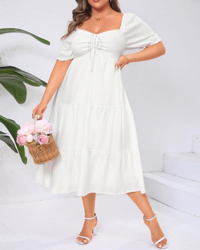 Image of Plus Size Summer Dresses - Sweetheart Neck Drawstring Puff Sleeve Casual Tiered Aline Flowy Midi Dress