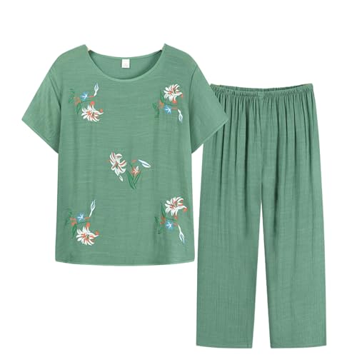 Image of FindThy Women's 2 Piece Linen Outfits Short Sleeve Floral Print Lounge Sets Crewneck Summer Suits