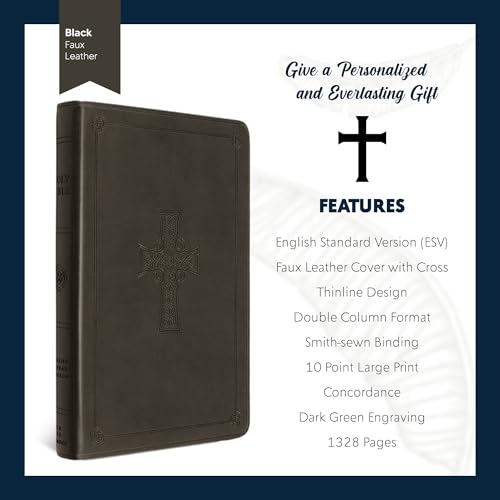 Image of Personalized ESV Large Print Bible for Adults, Name Engraved, Standard Size | Customize Your Olive Green Faux Leather Bible Your Way, Concordance, Thinline, Smyth-Sewn, 2-Column & Thin Paper