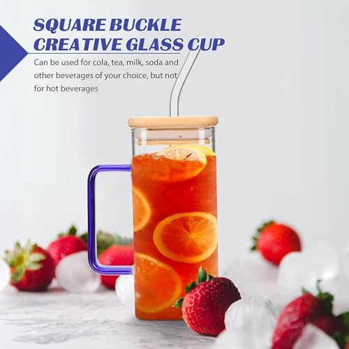 Image of Glass Tumbler with Colored Handle, 400ml Coffee Sipper with Wooden Lid and Glass Straw Iced Tea Mug Clear Drinking Cup for Juice, Milk, Smoothie, Beer Sipper with Straw