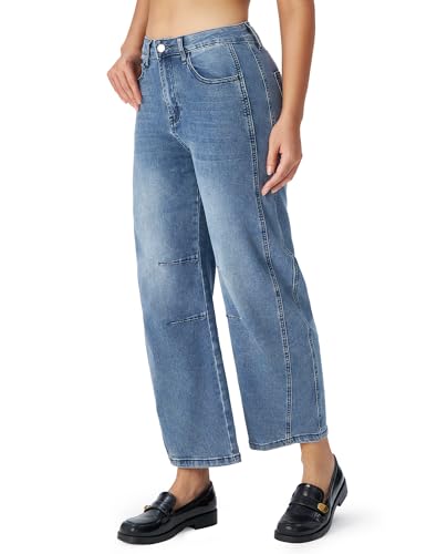 roswear Women's High Waisted Stretchy Wide Leg Cropped Barrel Jeans3