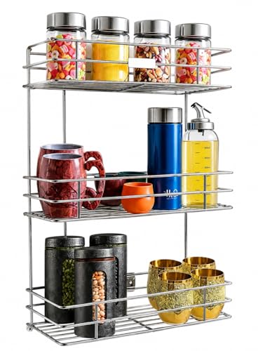Image of 3 Layer Wall Mount Stainless Steel Multipurpose Storage Rack /Shelf,Kitchen Rack and Shelves for Storage - 3 Tier Rack for Kitchen and Bathroom,Utensil Storage for House