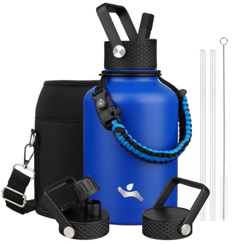 Image of Konokyo Insulated Water Bottle with Straw,50 oz 3 Lids Water Jug with Carrying Bag,Paracord Handle,Double Wall Vacuum Stainless Steel Metal Flask,Blue