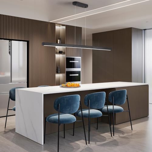 Image of 55 Inch LED Linear Pendant Light Black Wood LED Kitchen Island Lighting Dimmable Ceiling Hanging Chandeliers for Dining Room Living Room Bar Pool Table 36W Modern Farmhouse Fixture Black Wood Finish