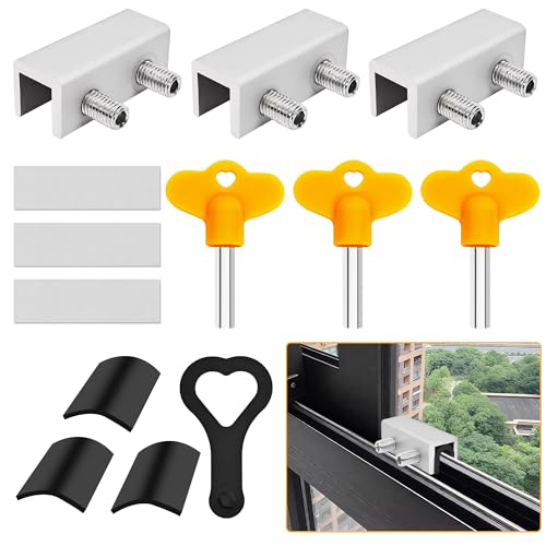 Jayseon 3 Pack Window Locks with Key, Adjustable Sliding Window Locks for Up and Down Windows & Horizontal Windows Stoppers Security Sliding Glass Patio Door Lock, Aluminum