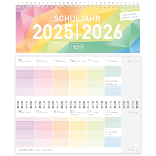 Häfft® Tischkalender Schuljahr 2025 2026 Schülerkalender mit Wochenübersicht 26 x 10,5 cm Spiralbindung mit Ferienübersicht - nachhaltig & klimafreundlich