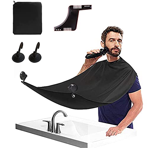 Beard Bib Apron for Men Trimming and Shaving, Waterproof Beard Hair Catcher, Non-Stick Beard Apron with Suction Cups, Beard Shaping Comb, Black