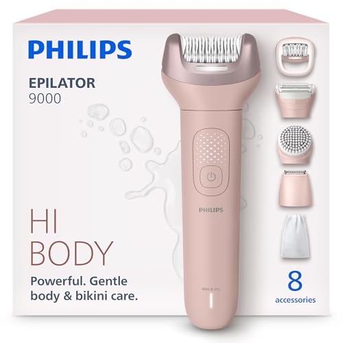 Philips Epilator Series 9000 - Cordless Wet and Dry Electric Epilator Hair Removal for Legs Body and Bikini with ProGuide 8 Accessories 60 min. Runtime Model BRE719/00