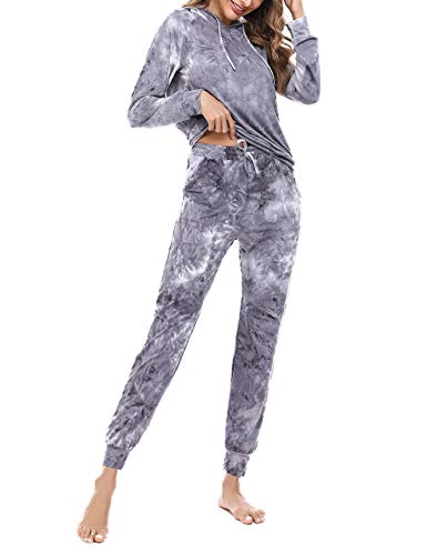 Akalnny Chándal Conjunto Mujer de Tie-Dye Informal Sudadera de Manga Larga con Capucha + Pantalones de Cintura Alta Trajes(Gris,XL)