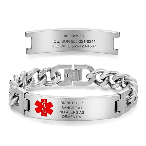 Surpgift Medical Alert Bracelets for Men & Women - Custom Medical Id Bracelet Engraved Emergency Info Size 7.1-9.5 Inches Stainless Steel (Silver(7.5 to 9.5))