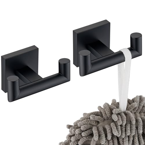 Image of KOKOSIRI Robe Hook Bathroom Double Towel Coat Hooks Matte Black for Bath Kitchen Wall Mounted, 2 Pack Stainless Steel B1015BK-P2