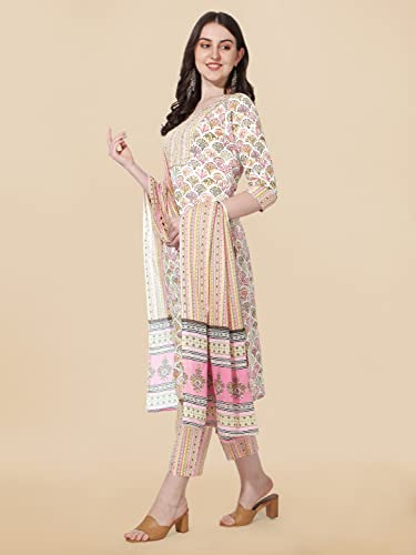 Image of MIRCHI FASHION Pure Cotton Women Straight Print & Thread Embroidery Kurti Set with Dupatta & Pant